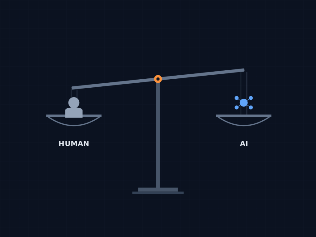 A balance scale weighing a human icon against an AI network icon, illustrating the tension behind AI developer layoffs