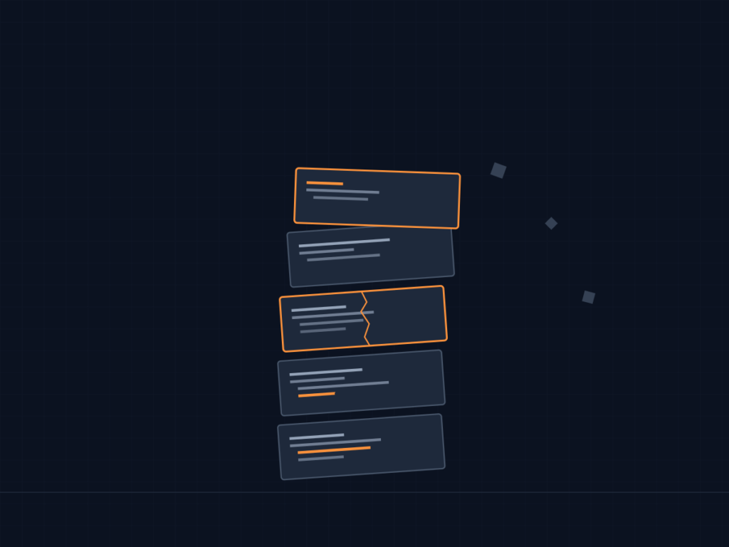 A leaning tower of stacked code blocks with cracks, representing the maintainability risk behind AI developer layoffs