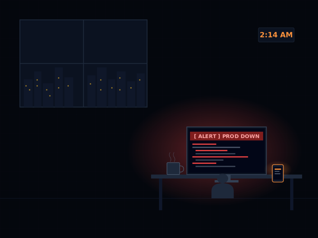 A single developer slumped at a desk at 2am during AI developer layoffs era, monitor showing a red production alert, phone glowing with a notification