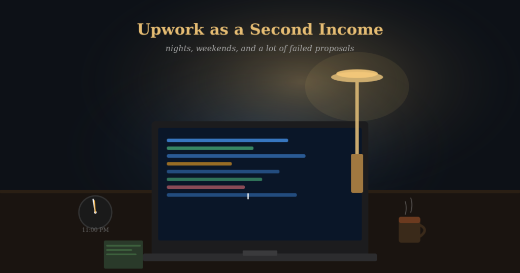 A developer working late at night on a laptop, soft desk lamp light, freelancing side income