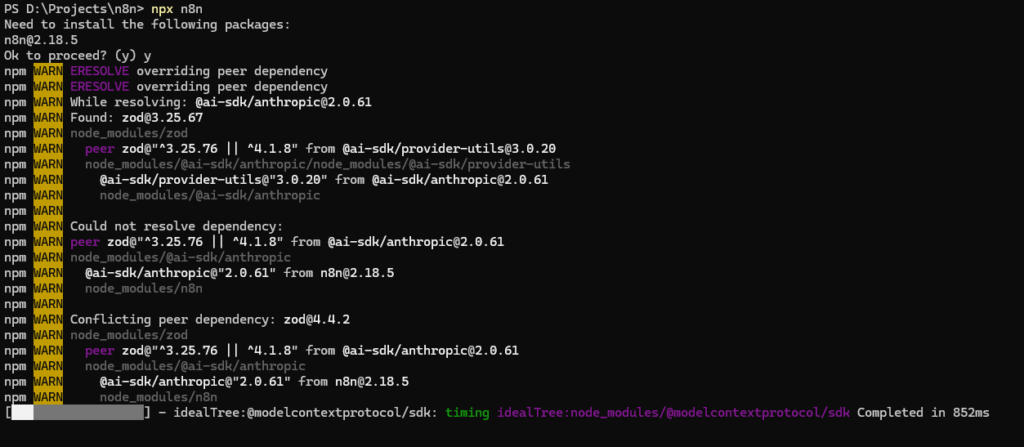 describes the PowerShell window, the npx n8n command, and the peer dependency warnings
