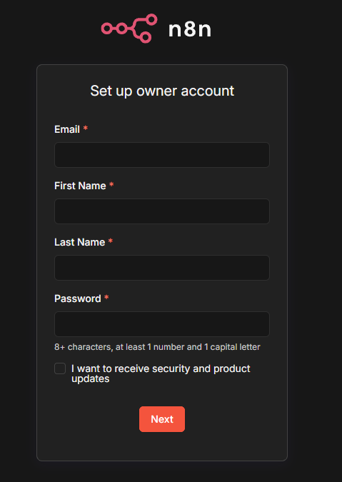 n8n owner account setup - this only appears on the first launch.


