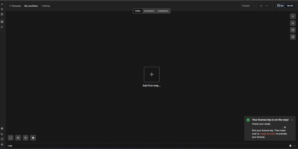 n8n workflow editor empty canvas showing Add first step button with a free license key email notification on first launch at localhost:5678